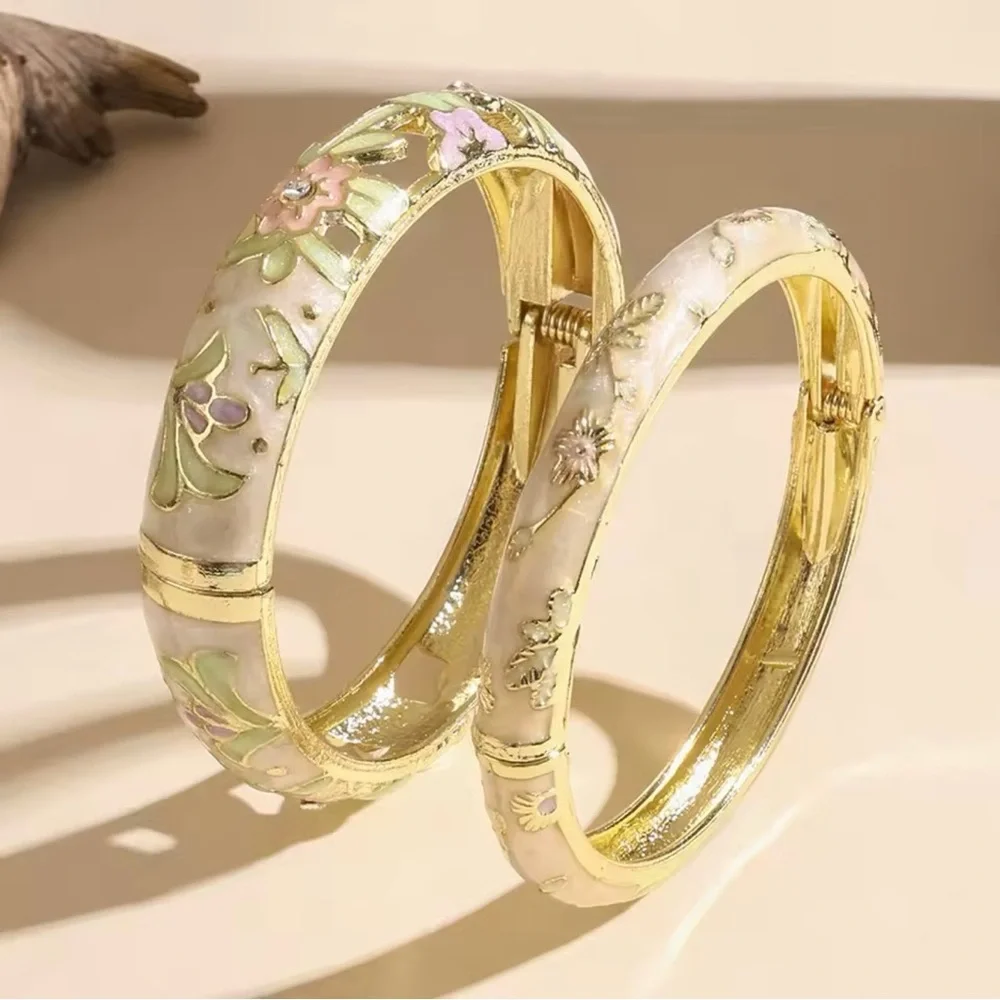 Gold & Ivory Floral Enamel Stackable Bangle Bracelets with Rhinestone Accent - Picture 1 of 6